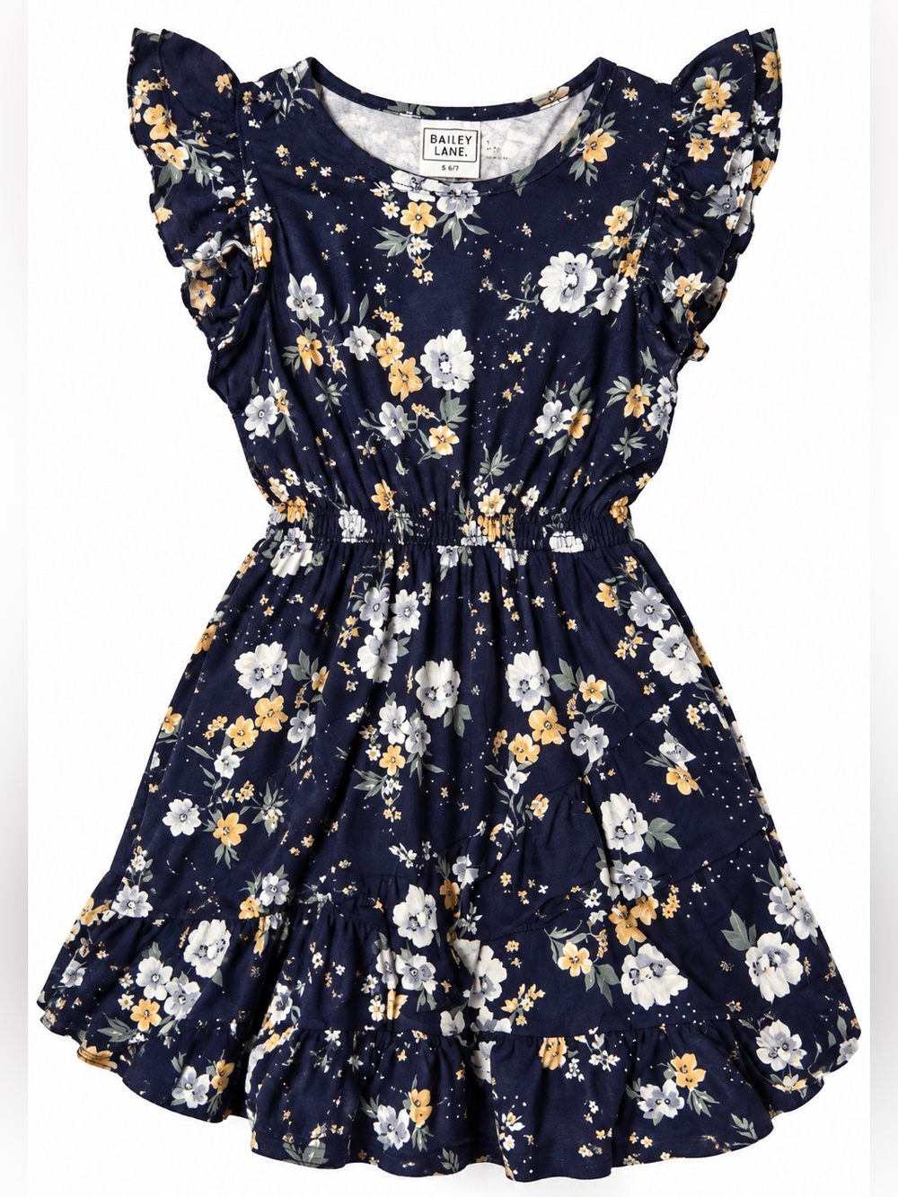 Bailey Lane Girls Navy Floral Ruffle Dress Size Small 6/7